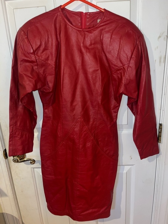 Ambria Dresses & Skirts - Ambria Vintage Red Leather Dress Size 4 Long Sleeve Shoulder Pads Made in Korea